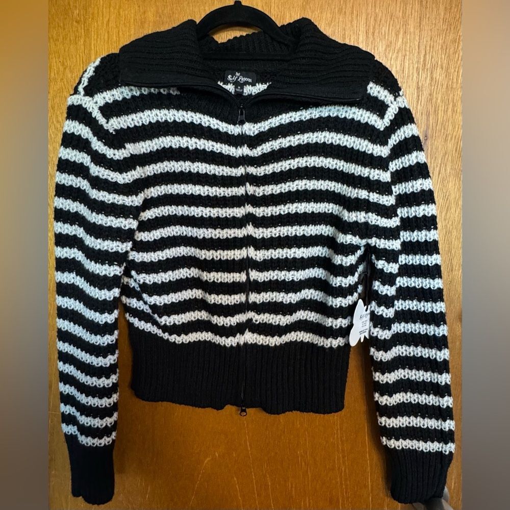 Self Esteem Black and White Striped Cardigan Sweater